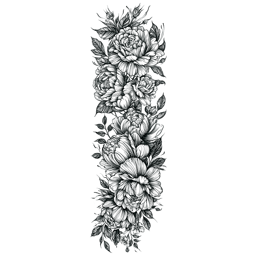 Изображение товара Переводная временная татуировка рукав Черные пионы 16х48 см принт фабрика