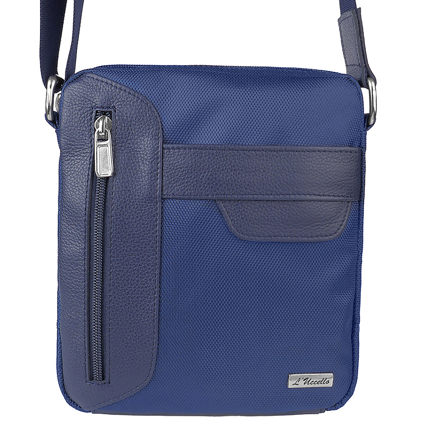 Изображение товара Мужская кожаная сумка через плечо L'Uccello с водонепроницаемой тканью синяя