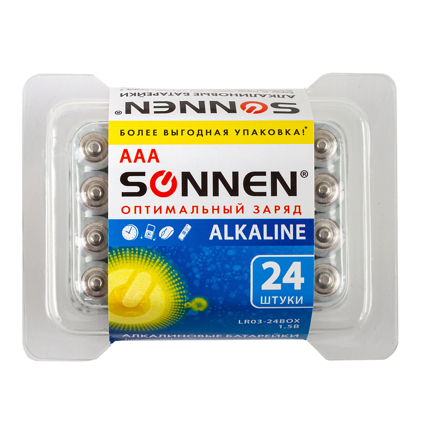 Изображение товара Батарейки SONNEN Alkaline AAA 24 шт Мизинчиковые 1,5 В надежный источник энергии