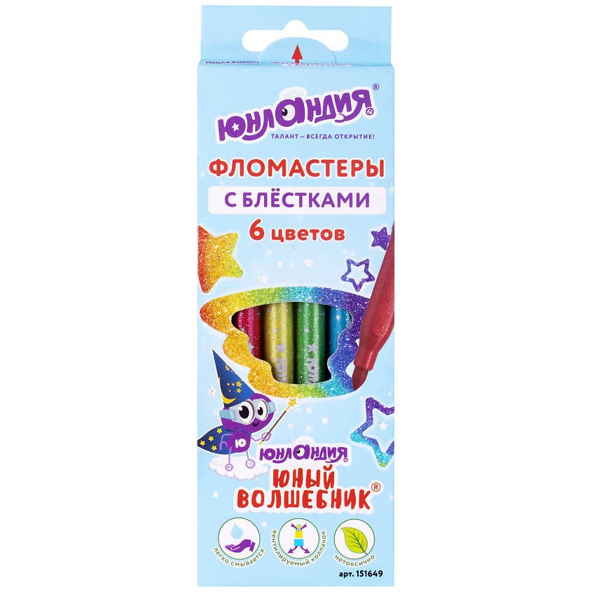 Изображение товара ЮНЛАНДИЯ Фломастеры с блестками Юный волшебник, 6 цветов