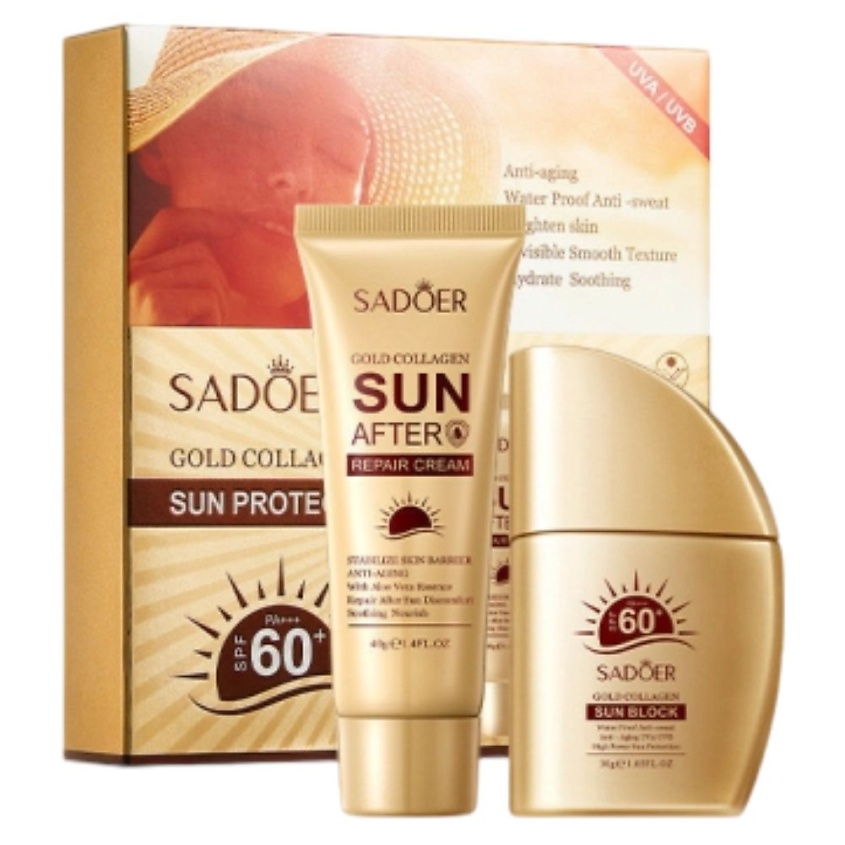 Изображение товара SADOER Набор кремов от и после загара солнцезащитных Gold с коллагеном, 70 гр.