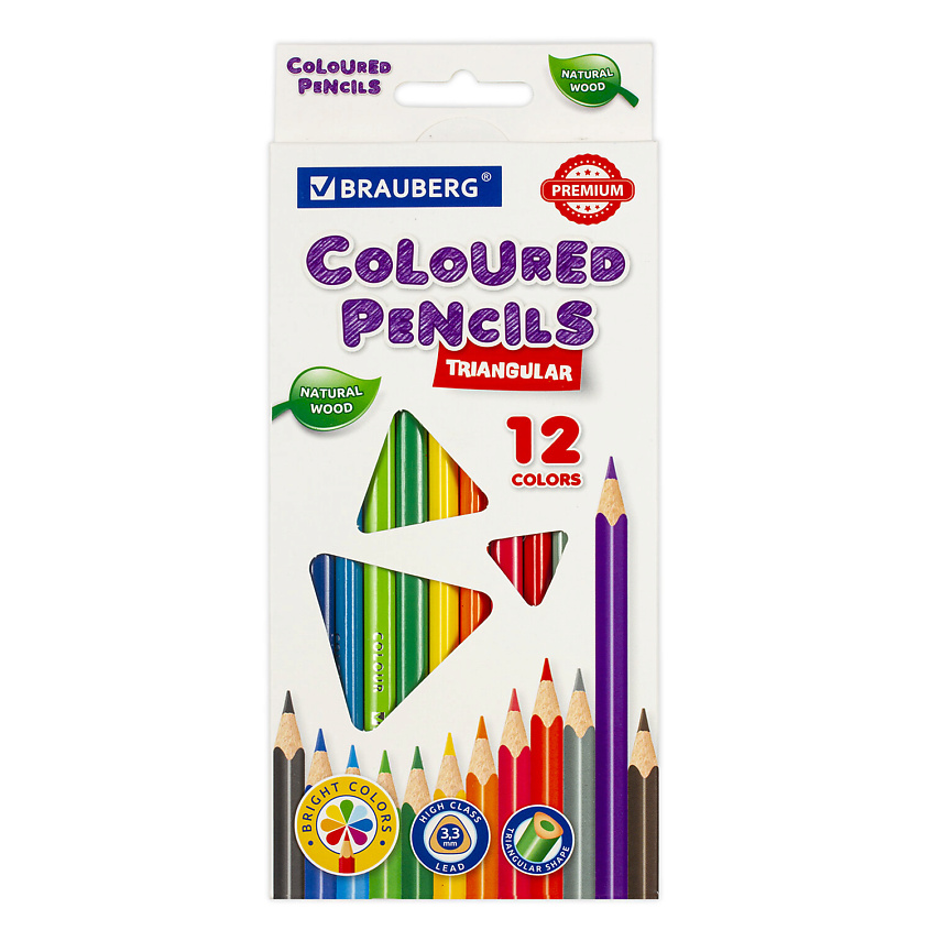 Изображение товара Цветные карандаши BRAUBERG PREMIUM 12 цветов трехгранные с грифелем 3,3 мм