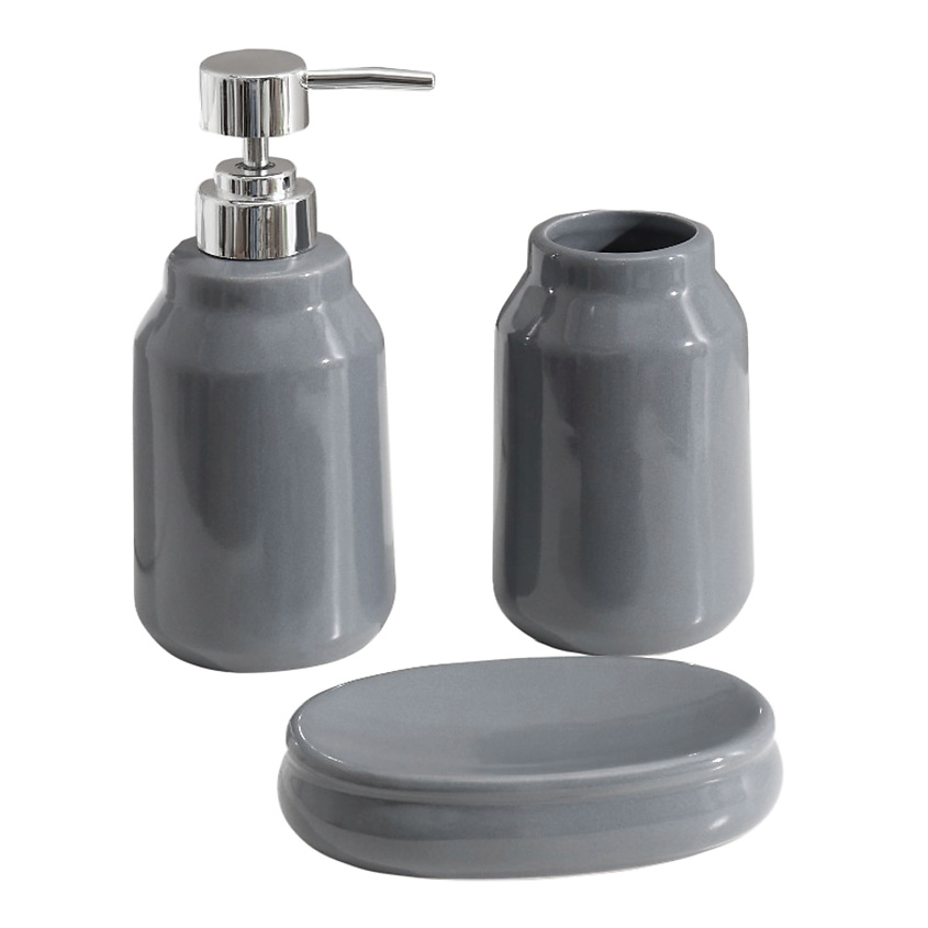 Изображение товара ДОЛЯНА Набор аксессуаров для ванной комнаты «Глянец», 3 предмета (мыльница, дозатор для мыла 350 мл, стакан), цвет серый