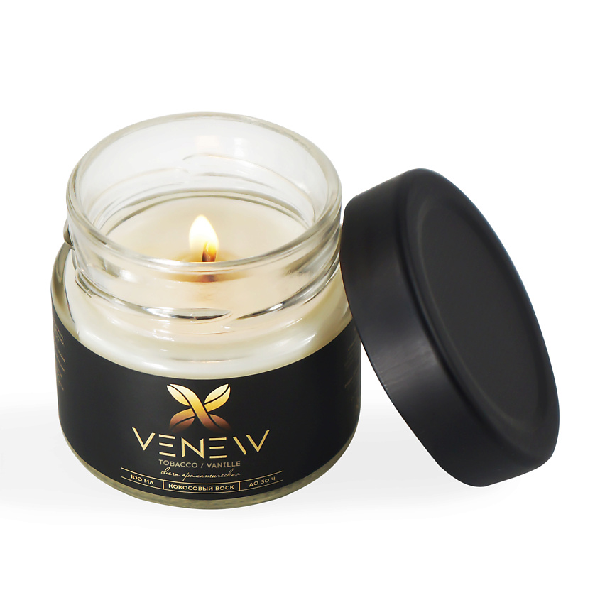 Изображение товара Ароматическая свеча VENEW Tobacco Vanille 100 мл с деревянным фитилем