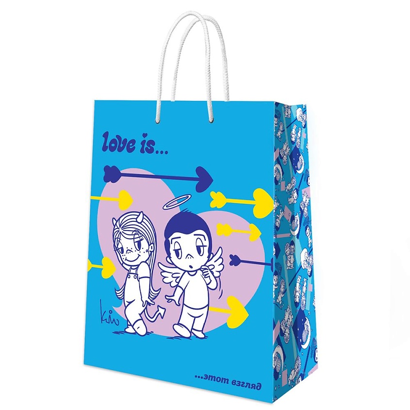 Изображение товара Подарочный пакет Love is с ручками, синий, малый для подарков 180x227x100 мм