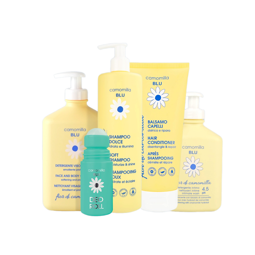 Изображение товара CAMOMILLA BLU Набор средств для ухода за сверхчувствительной кожей, 500 мл + 200 мл + 500мл + 300 мл + 50 мл