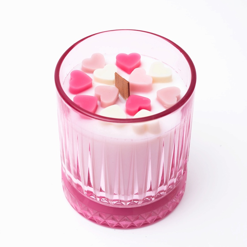 Изображение товара Декоративная свеча в стекле розовая с сердечками, 1 шт