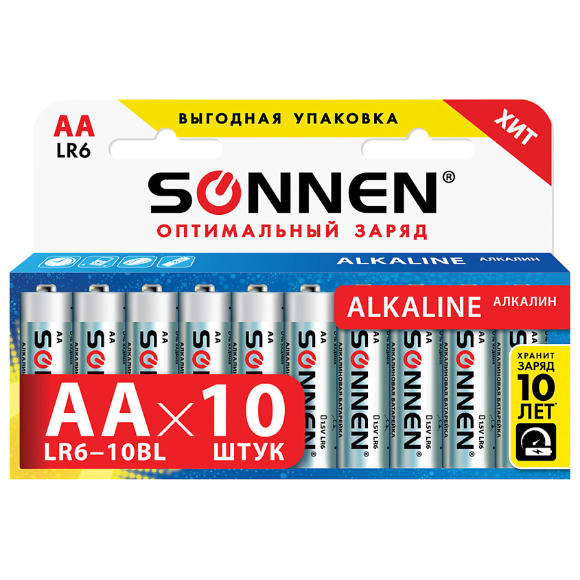Изображение товара SONNEN Батарейки Alkaline, АА (LR6, 15А) пальчиковые, Напряжение: 1,5 В.