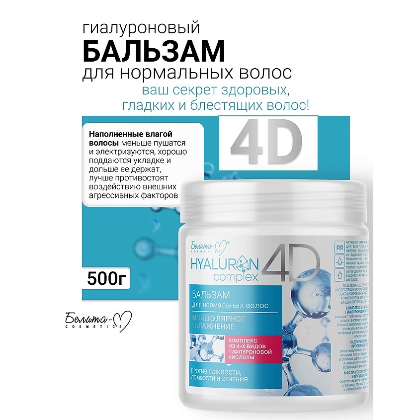 Изображение товара БЕЛИТА-М Бальзам для нормальных волос Молекулярное Увлажнение HYALURON complex 4D, 500 мл