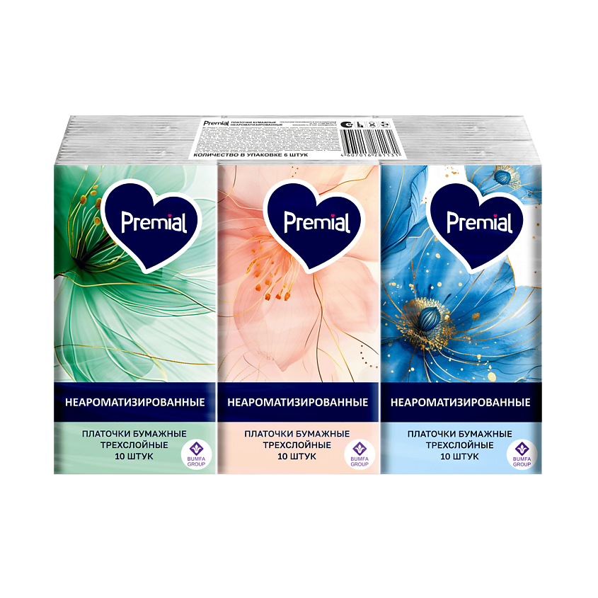 Изображение товара PREMIAL Classic Набор: Платочки бумажные трехслойные неароматизированные, 6 уп. х 10 шт