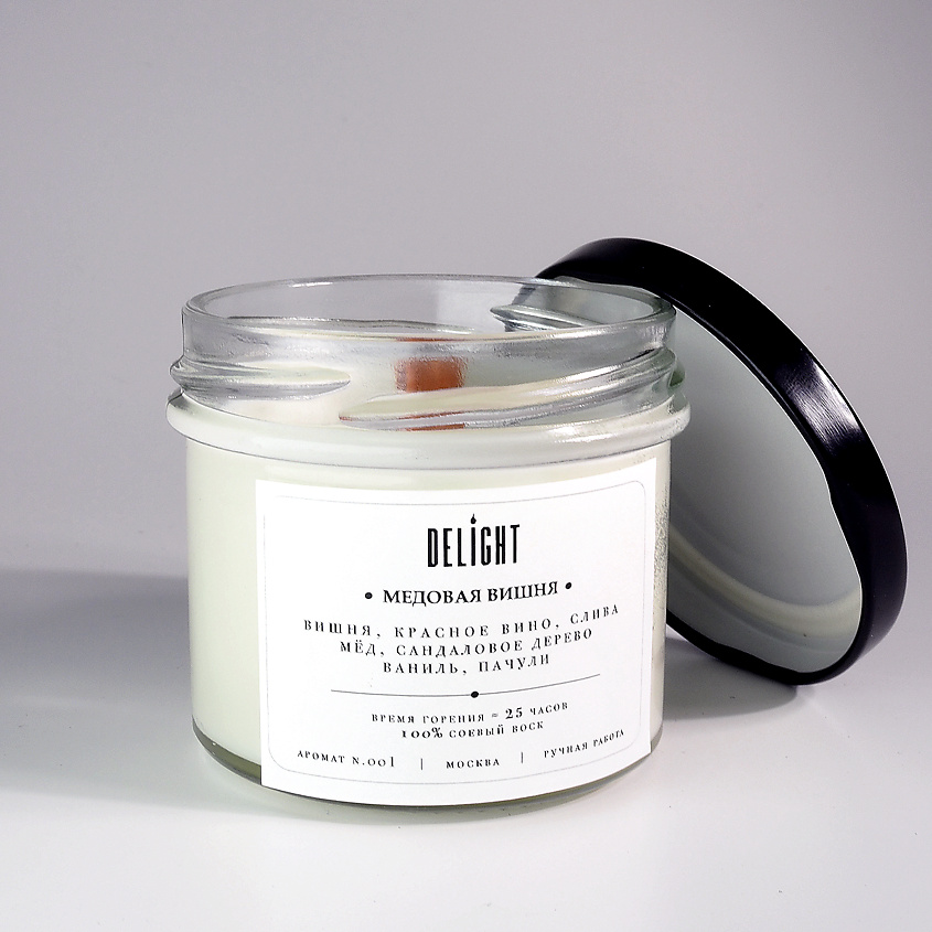 Изображение товара DELÍGHT Свеча ароматическая с деревянным фитилем для дома "Медовая вишня", 125 мл