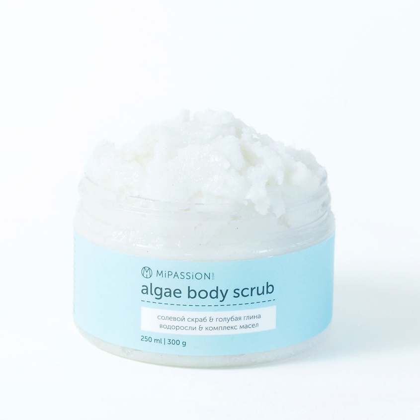 Изображение товара MIPASSIONCORP Антицеллюлитный солевой скраб с экстрактом водорослей и голубой глиной, Объем: 250мл; аромат: морская соль | кардамон | амбра