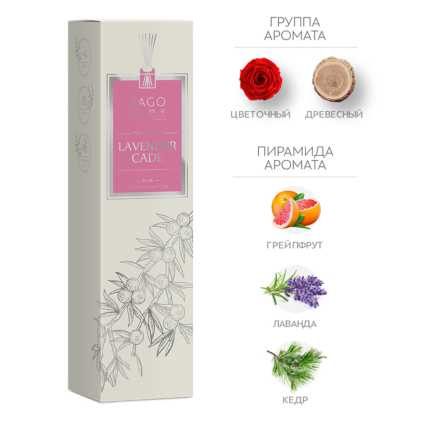 Изображение товара BAGO HOME Ароматический диффузор Можжевельник и лаванда, 40 мл