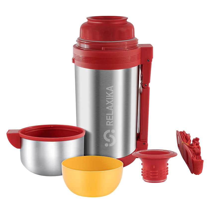 Изображение товара RELAXIKA Термос 1.2 литра для еды и напитков с широким горлом, ручкой и ремешком, Серебряный