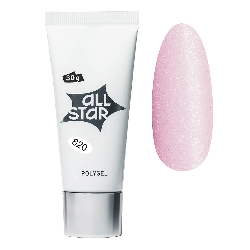 Изображение товара ALL STAR PROFESSIONAL Полигель моделирующий для наращивания ногтей, 30 гр; цвет: розовый с шиммером 820 розовый с шиммером