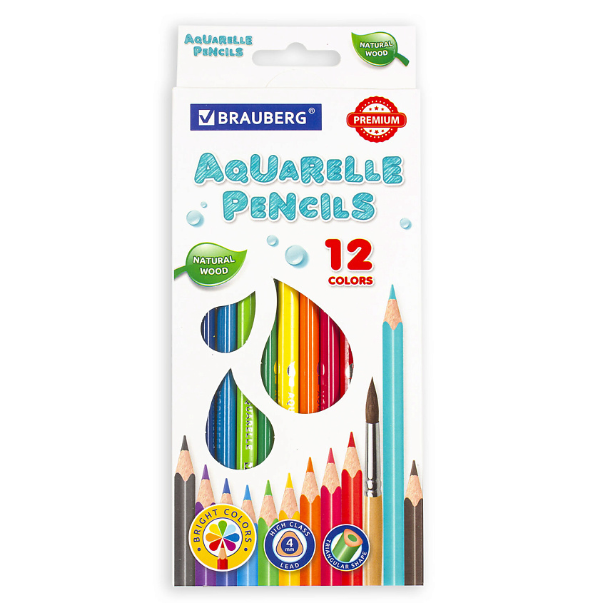 Изображение товара BRAUBERG Карандаши цветные акварельные BRAUBERG PREMIUM AQUARELLE, 12 шт