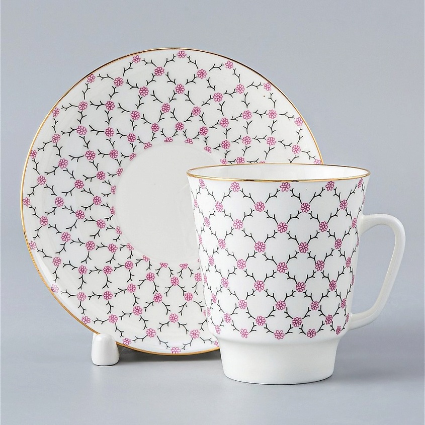 Изображение товара ИМПЕРАТОРСКИЙ ФАРФОРОВЫЙ ЗАВОД Чашка с блюдцем кофейная "Розовая сетка", 1 шт.