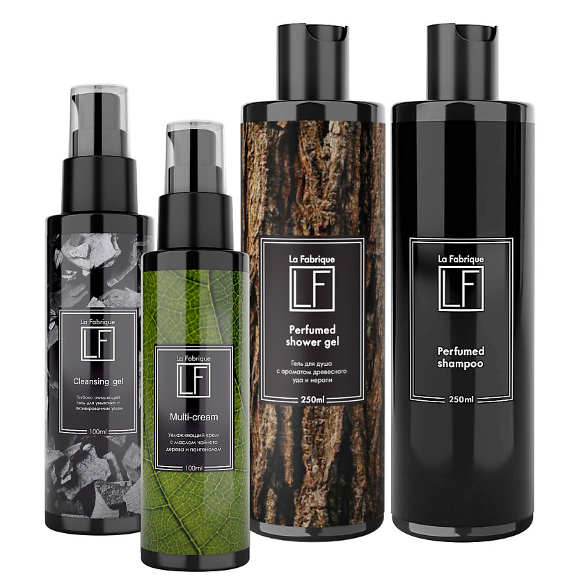 Изображение товара LA FABRIQUE Подарочный набор мужской косметики для лица и тела 4 в 1, 250 мл; 250 мл; 110 мл; 110 мл
