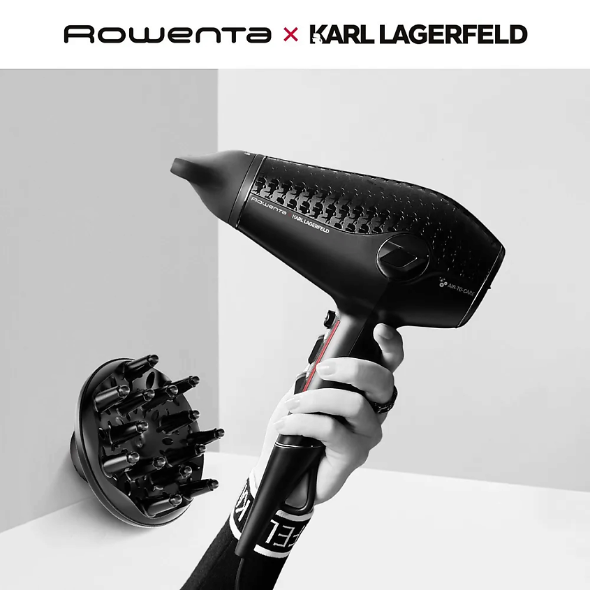 Изображение товара ROWENTA Фен для волос Karl Lagerfeld CV613LF0, черный/розовый, 1800 Вт, AC мотор, съёмная задняя решётка, ультра-холодный воздух, диффузор в комплекте