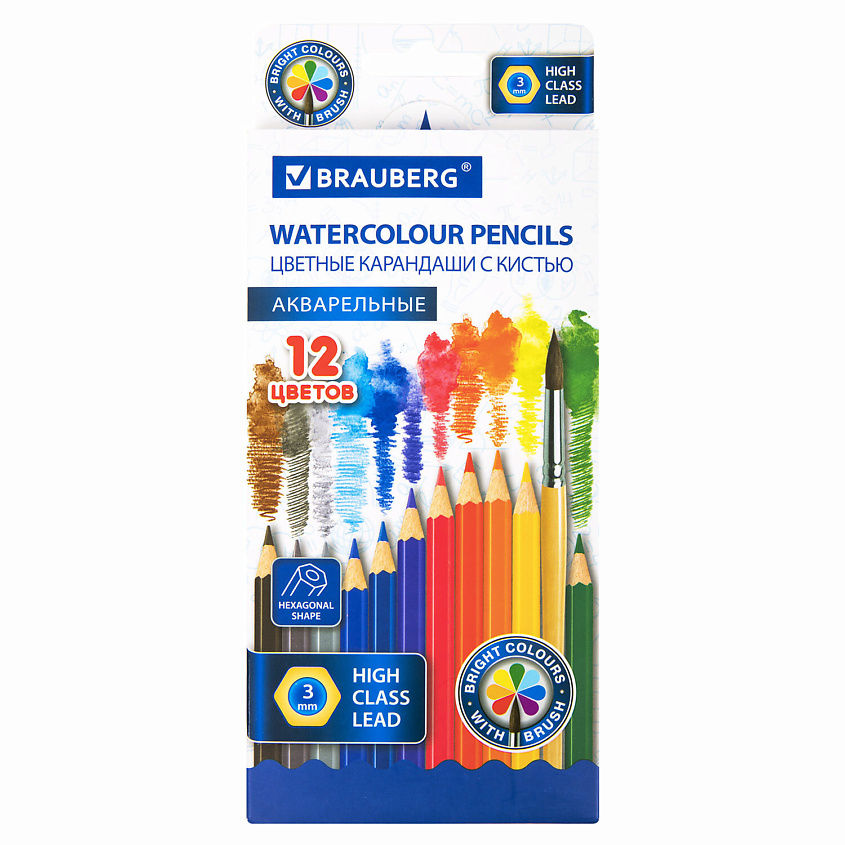 Изображение товара BRAUBERG Карандаши цветные акварельные с КИСТЬЮ, Мультицвет