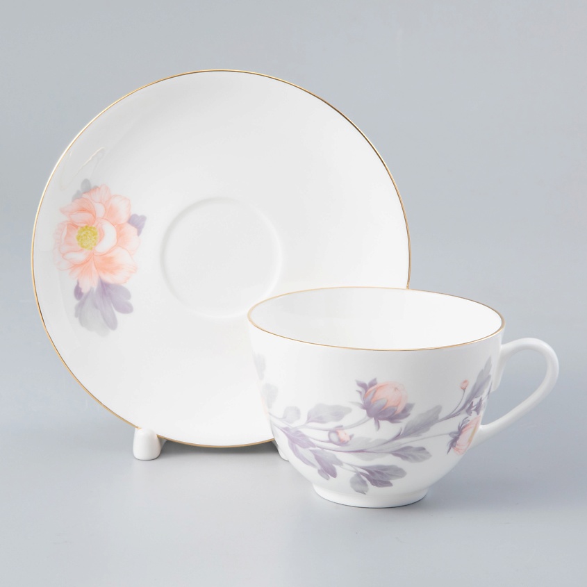 Изображение товара ИМПЕРАТОРСКИЙ ФАРФОРОВЫЙ ЗАВОД Чашка с блюдцем чайная "Нежный пион", Серый