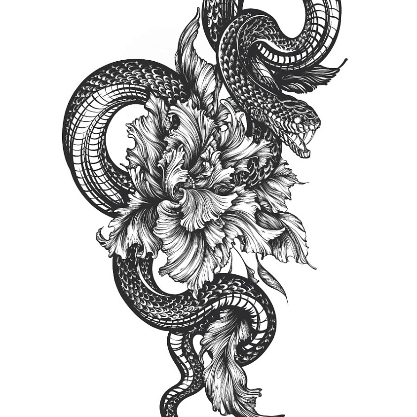 Изображение товара PRINT FACTORY Переводная Временная Татуировка Змея и Цветы, 1 шт.