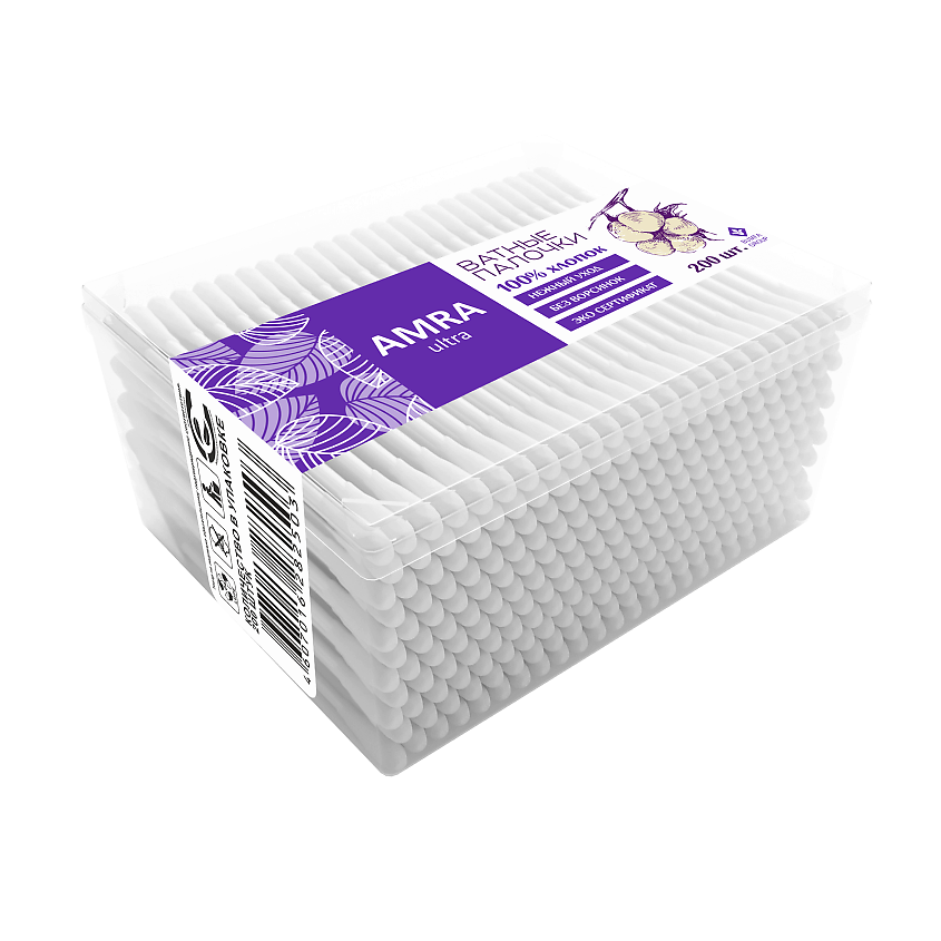 Изображение товара AMRA Палочки ватные в прямоугольном контейнере, 200 шт.