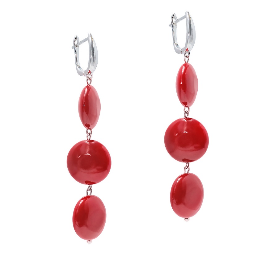 Изображение товара KOSHIKA Серьги Го три красных камня, Красный. Длина серьги 8 см, вес одной серьги 7 гр. Диаметр камней 16 мм,