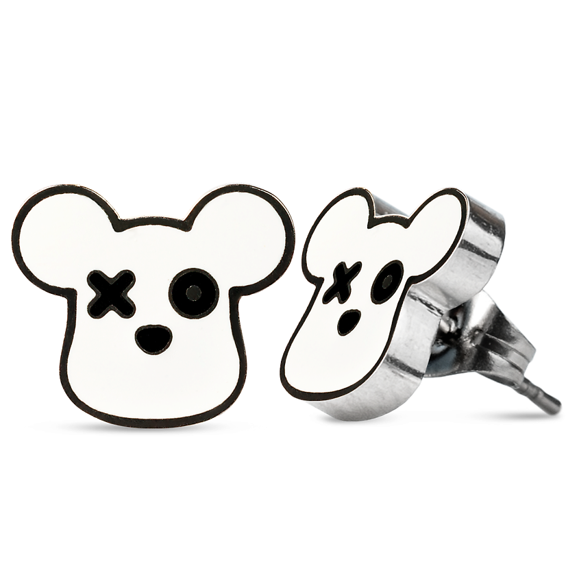 Изображение товара Стильные гвоздики пусеты Мишка Бандит из нержавеющей стали белого цвета