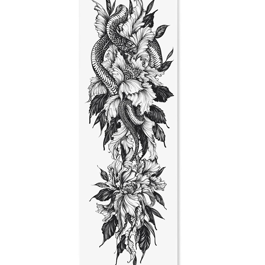 Изображение товара Переводная временная татуировка рукав Змея и Цветы 1 шт