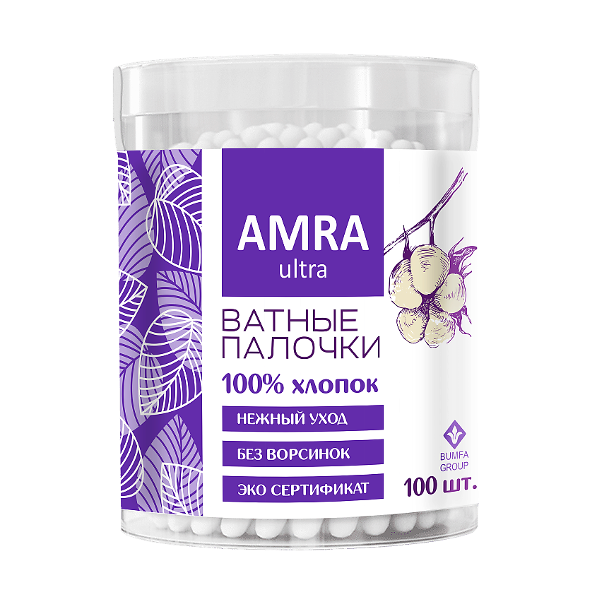 Изображение товара AMRA Палочки ватные в цилиндре, 100 шт.