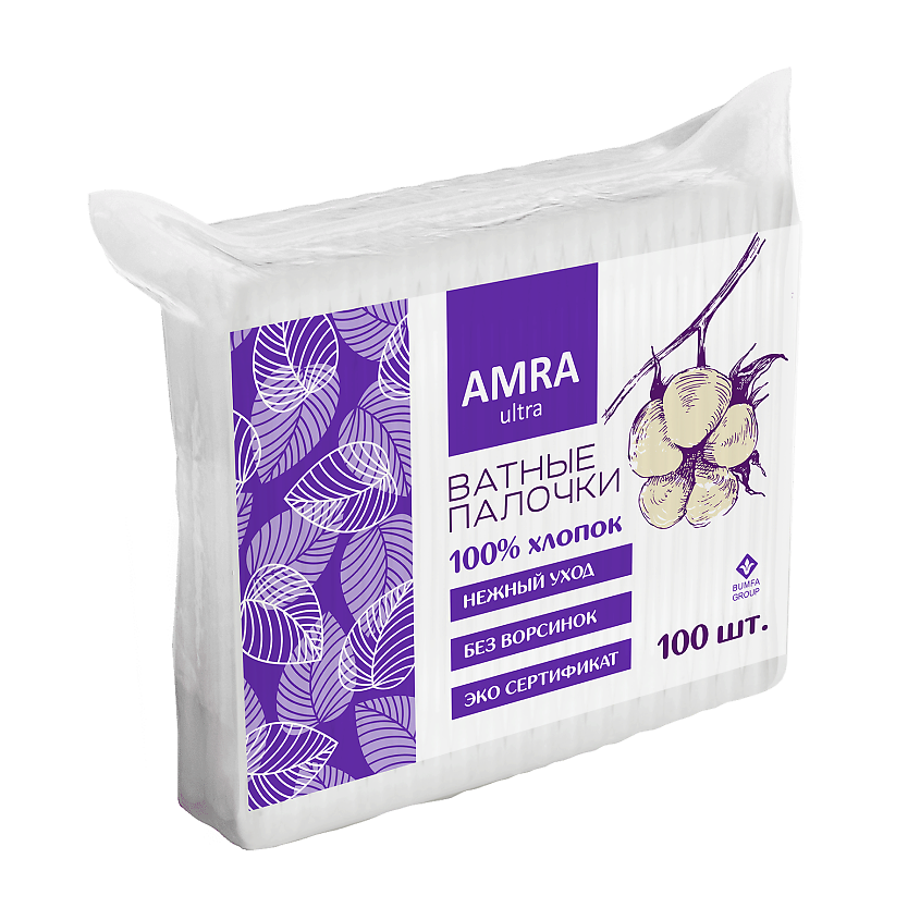 Изображение товара AMRA Палочки ватные в пакете, 100 шт.