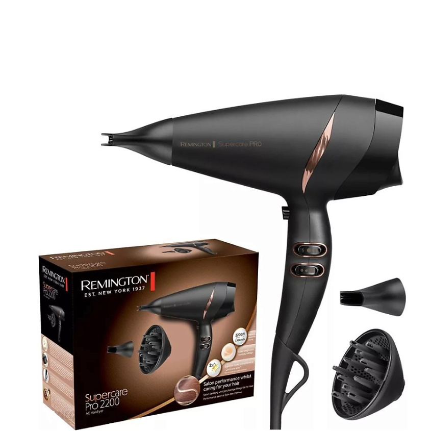 Изображение товара REMINGTON Фен для волос AC7200, Мощность 2200Вт / Скорость воздушного потока 130км/ч, долговечный AC мотор, ионное кондиционирование,3 режима нагрева и 2 скорости 2 Концентратора - Тонкий стайлинг-концентратор (7мм) - Конц