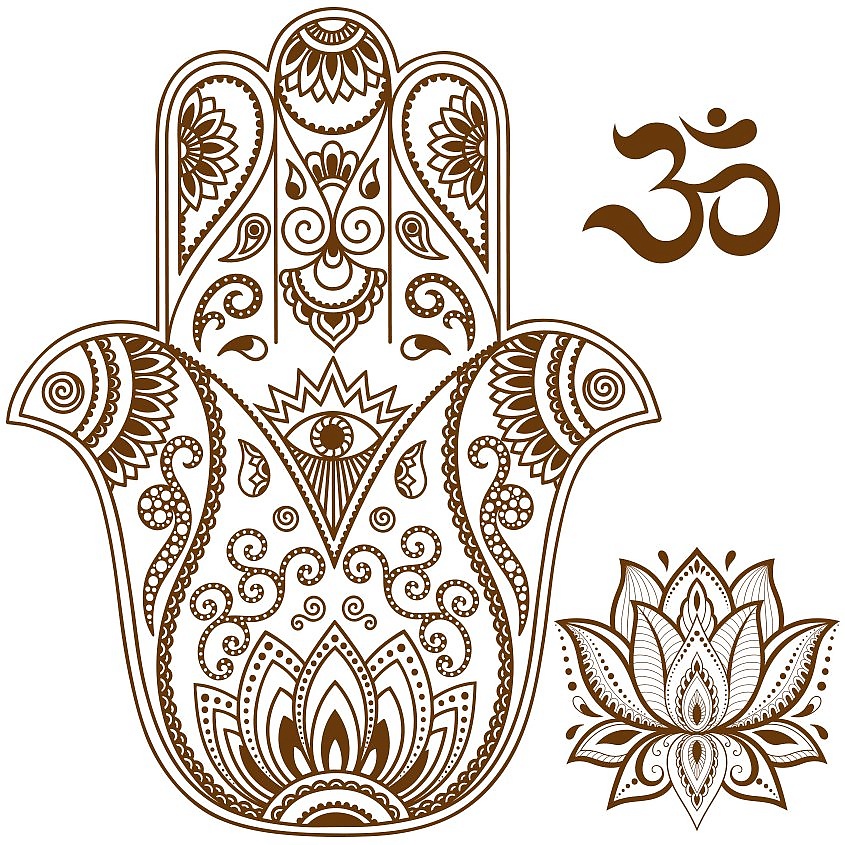 Изображение товара PRINT FACTORY Переводная Временная Татуировка Мехенди Хамса и Ом, Переводная Временная Татуировка "Мехенди Хамса и Ом" - это Рука Фатимы или Хамса. ●Размер: 8х12 см