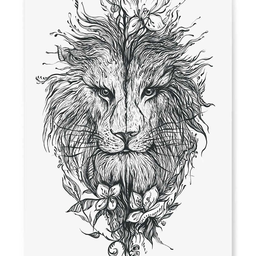 Изображение товара PRINT FACTORY Переводная Временная Татуировка Лев и Лилии, Тату универсальная 24х32 см "Лев"