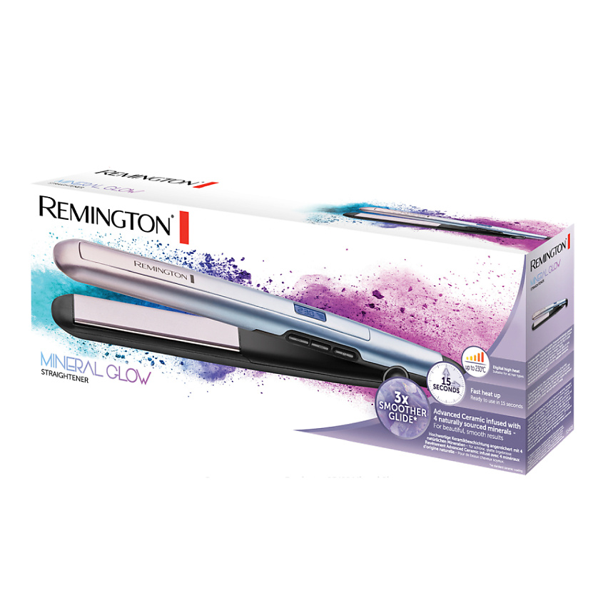 Изображение товара REMINGTON Выпрямитель S5408 E51 Mineral Glow, Усовершенствованное керамическое покрытие с добавлением 4-х минералов : Кварц, Турмалин, Опал, Лунный камень Цифровой дисплей с 9 настройками температуры до 230°C Удлиненные плавающие пласти