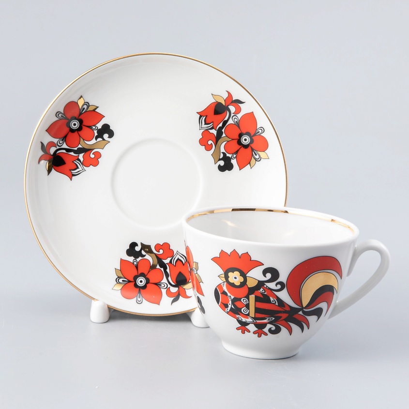 Изображение товара ИМПЕРАТОРСКИЙ ФАРФОРОВЫЙ ЗАВОД Чашка с блюдцем "Красные петушки", 1 шт.