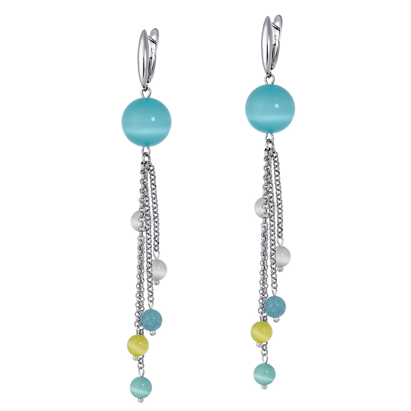 Изображение товара KOSHIKA Серьги Весна кошачий глаз на цепочках, Голубой тиффани, бледно-желтый, небесно-голубой, белый, серебристый