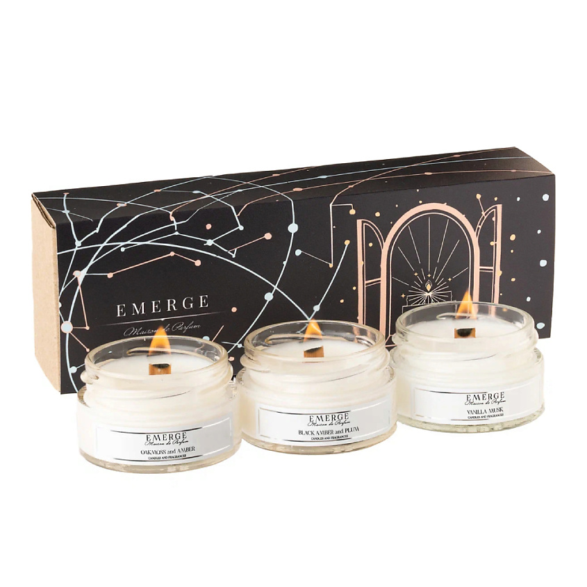 Изображение товара EMERGE Набор 3 свечи ароматические (Дубовый мох,Амбра Слива,Мускус-Ваниль), 3 шт