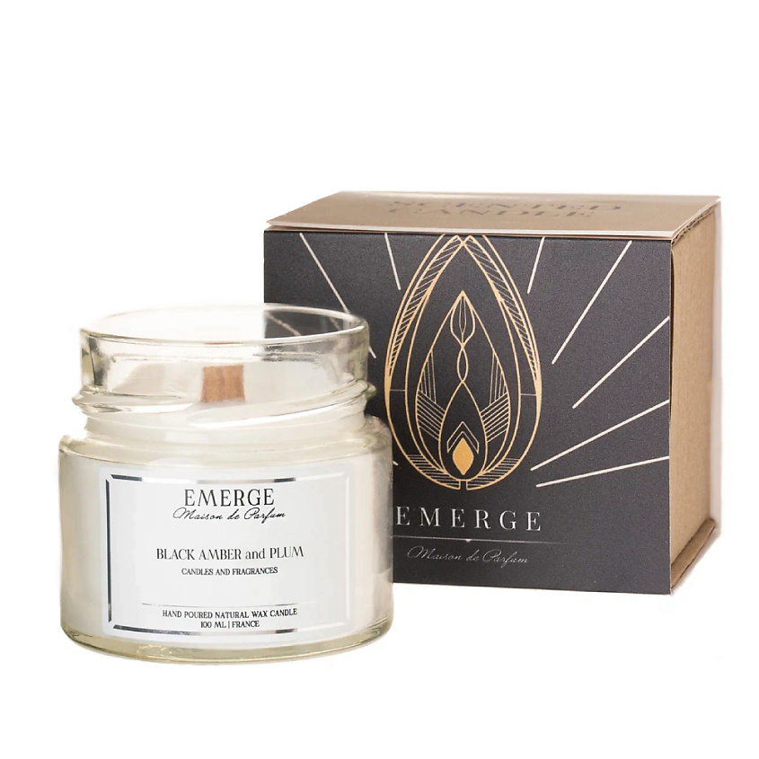 Изображение товара EMERGE Свеча ароматическая Черная Амбра и Слива с деревянным фитилем, 100 мл