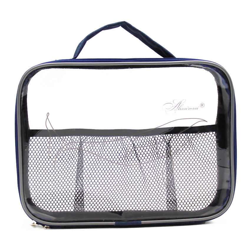 Изображение товара Большая прозрачная косметичка ALISSIROSSI из пленки ПВХ и ткани Оксфорд 28х6х20 см с ручкой