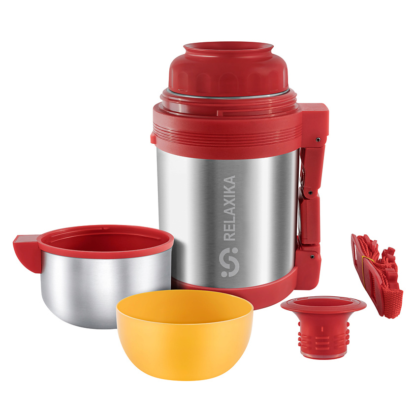 Изображение товара RELAXIKA Термос 0,8 литра для еды и напитков с широким горлом, ручкой и ремешком, Серебряный