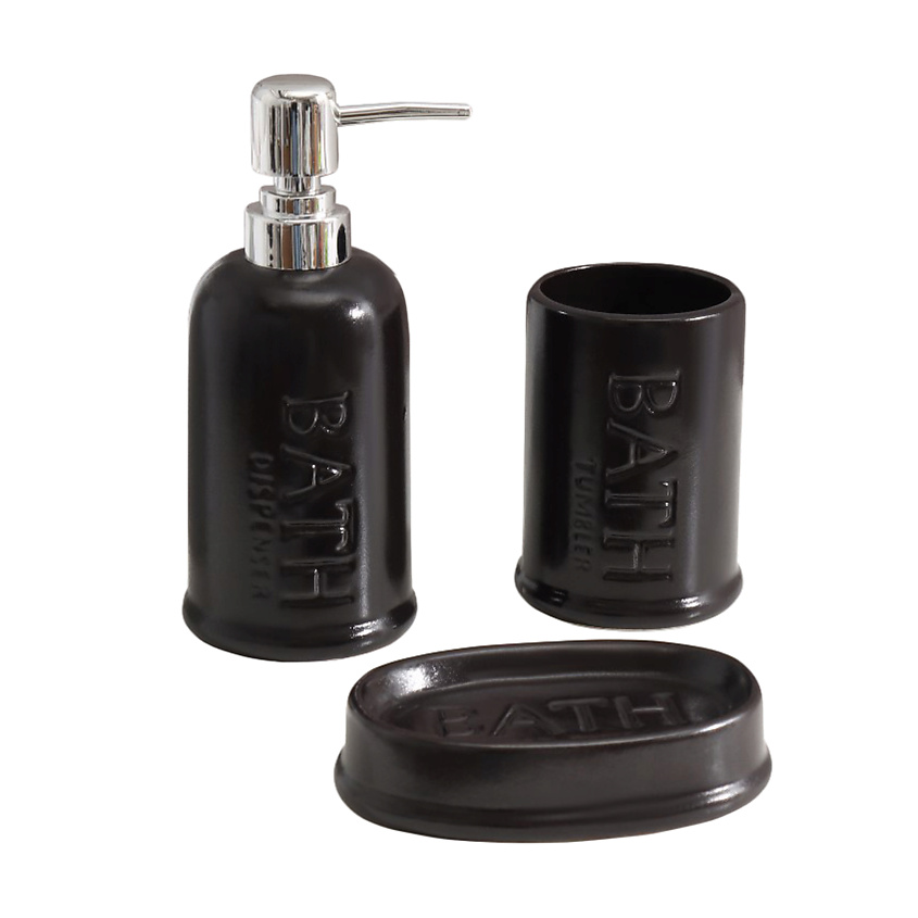 Изображение товара ДОЛЯНА Набор аксессуаров для ванной комнаты «Бэкки», 3 предмета (мыльница, дозатор для мыла 400 мл, стакан), цвет чёрный