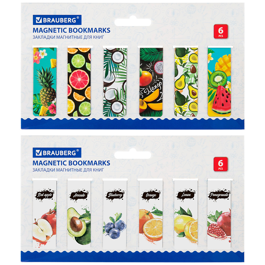 Изображение товара BRAUBERG Закладки для книг МАГНИТНЫЕ "FRUITS", Закладки с магнитом 60x20мм 12шт Фрукты