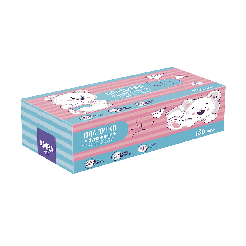 Изображение товара Детские двухслойные бумажные платочки AMRA 180 шт мягкие и впитывающие