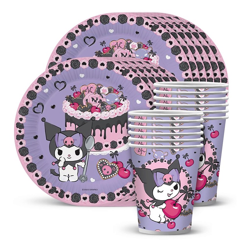 Изображение товара Набор праздничной одноразовой посуды Kuromi 12 тарелок и 12 стаканов