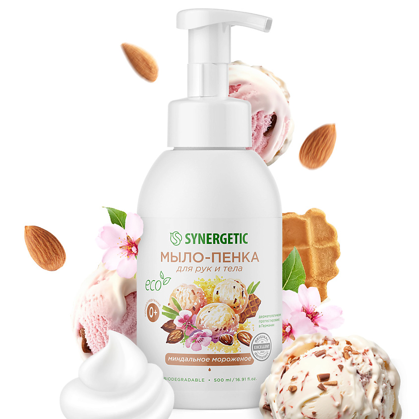 Изображение товара SYNERGETIC Мыло-пенка для рук и тела Миндальное мороженое, 500 мл