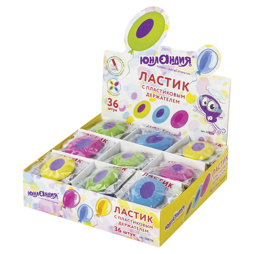 Изображение товара ЮНЛАНДИЯ Набор ластиков Воздушный шар, пластиковый держатель, цвет: Комбинированный, 36 набор