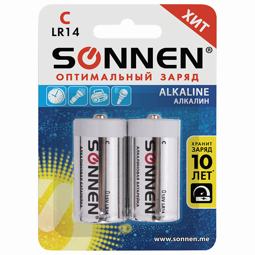 Изображение товара SONNEN Батарейки Alkaline, С (LR14, 14А), Напряжение: 1,5 В.