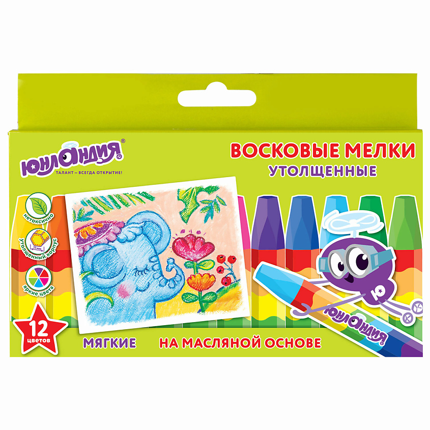 Изображение товара ЮНЛАНДИЯ Восковые мелки утолщенные Юнландик и индийский слон, 12 цв.